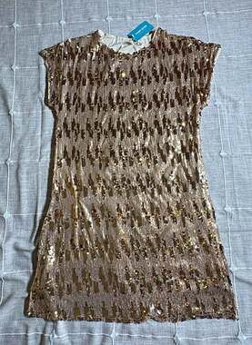 Women's Gold Sequin Shift Dress XL Short Sleeve Round Neck Pullover Mini